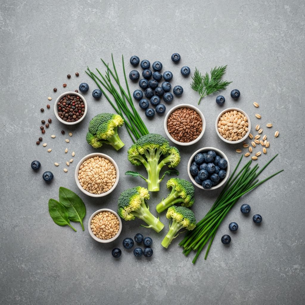 Colorful arrangement of nutrient-dense foods including broccoli, berries, grains, and herbs on gray background
